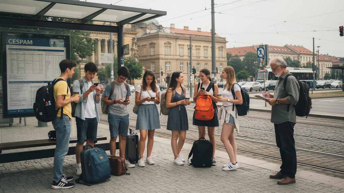 Nine students with backpacks waiting at a Prague tram stop on the morning of departure day.